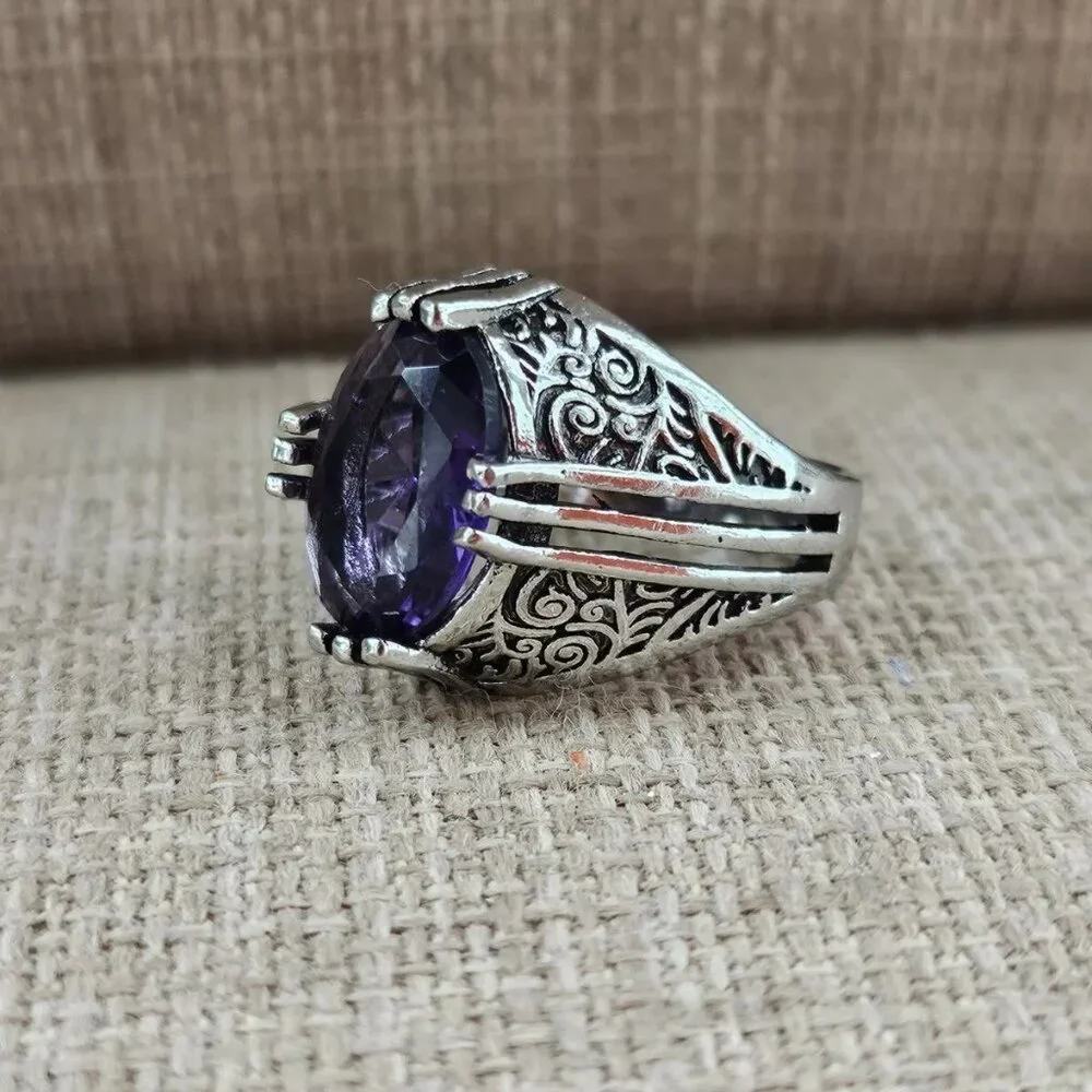 Turkish style Rings Fashion Jewelry Silver Tone W/ Faux Purple Crystal Size 7